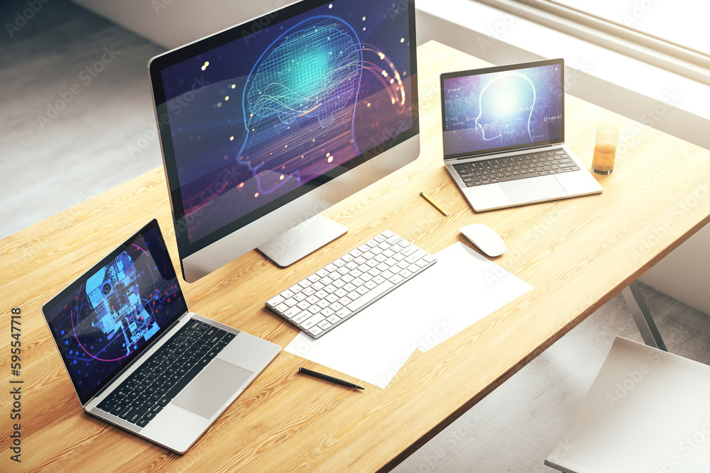 Modern computer monitor with creative artificial Intelligence symbol. Neural networks and machine learning concept. 3D Rendering Modern computer monitor with creative artificial Intelligence symbol. Neural networks and machine learning concept. 3D Rendering