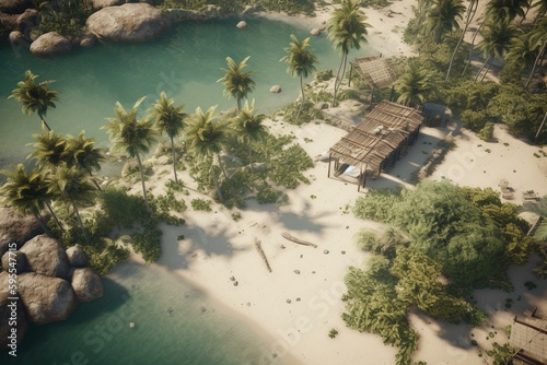 Bird's eye view of beach oasis with swaying palms. Island 3D render. Generative AI © Hakeem