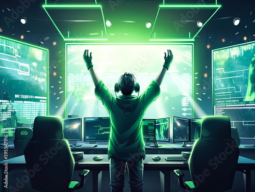 Canvas Print Handsome boy playing E-Sport game or streamer, Enjoying playing online games, Rejoices in victory, Live show play games, very happy, Blue and red lights