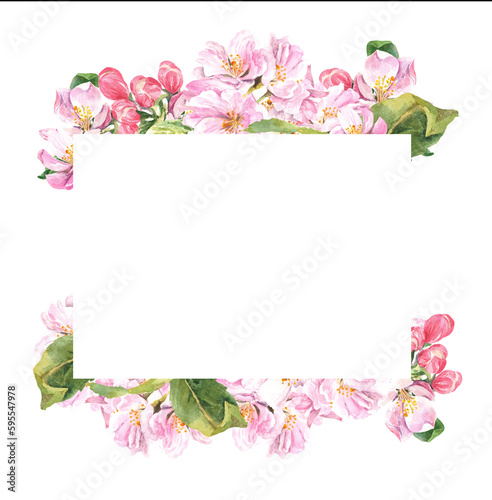 Squere frame of a blossoming apple tree on a white background. watercolor illustration