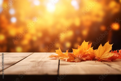 Autumn themed Wooden Table Top with Maple Leaves Background for Product Display Mockup