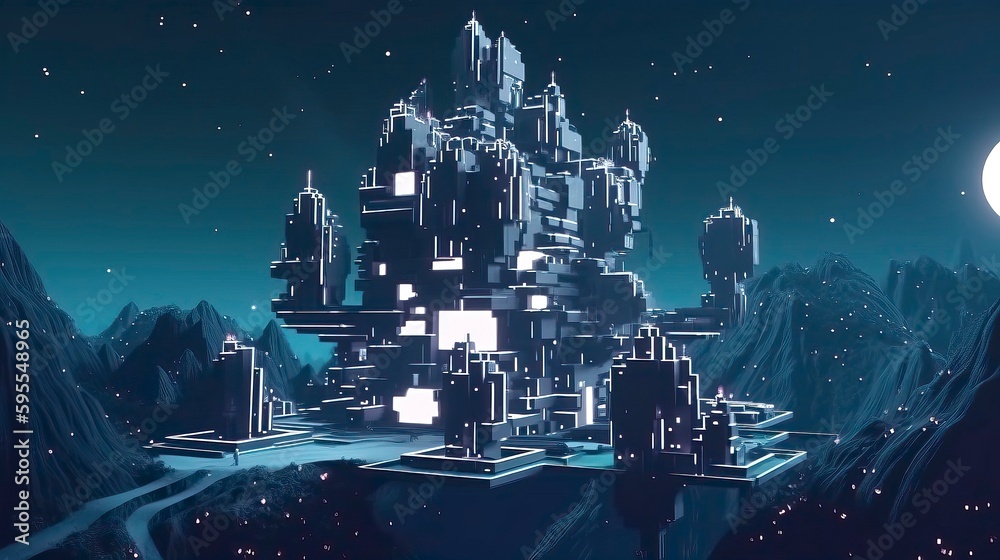 Modern futuristic fantasy night landscape with abstract illustration. Generative AI