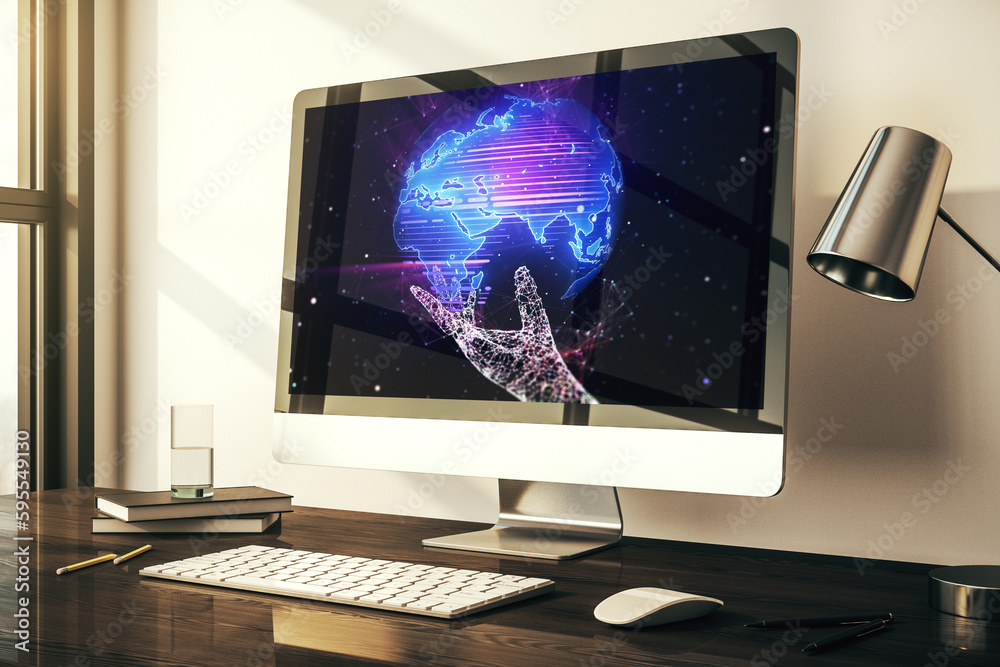 Abstract creative digital world map on modern laptop monitor, tourism and traveling concept. 3D Rendering Abstract creative digital world map on modern laptop monitor, tourism and traveling concept. 3D Rendering
