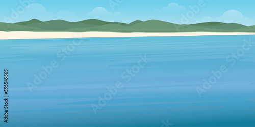 Seascape, white sand beach, mountains and blue sky flat design. Tropical beach with blank space vector illustration. 