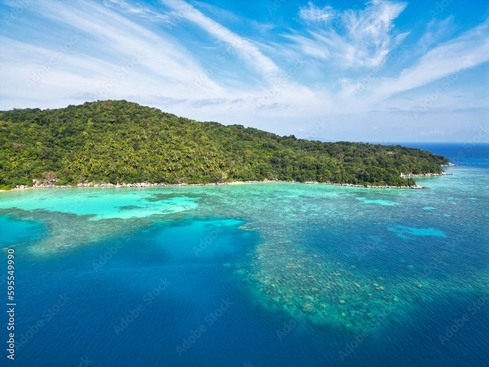 Indonesia Anambas Islands - Drone view Telaga Island coast line with corals