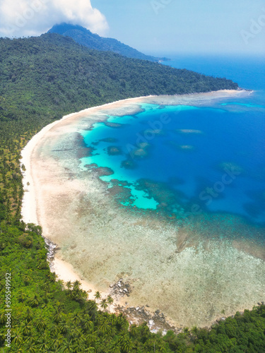 Indonesia Anambas Islands - Drone view Telaga Island coast line with beach