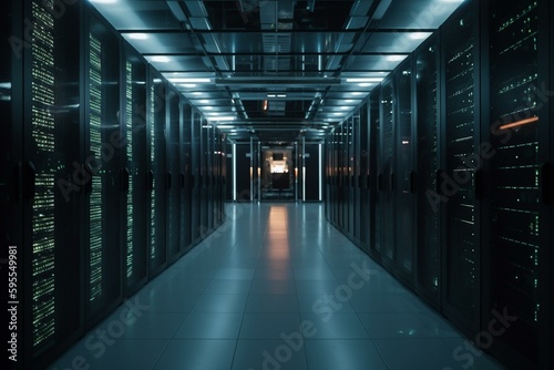 Server racks in modern data center for hosting  backup  computing  storage  network security   supercomputers. Generative AI