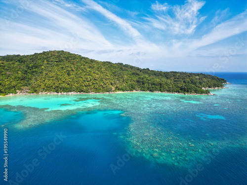 Indonesia Anambas Islands - Drone view Telaga Island coast line with corals © Marko