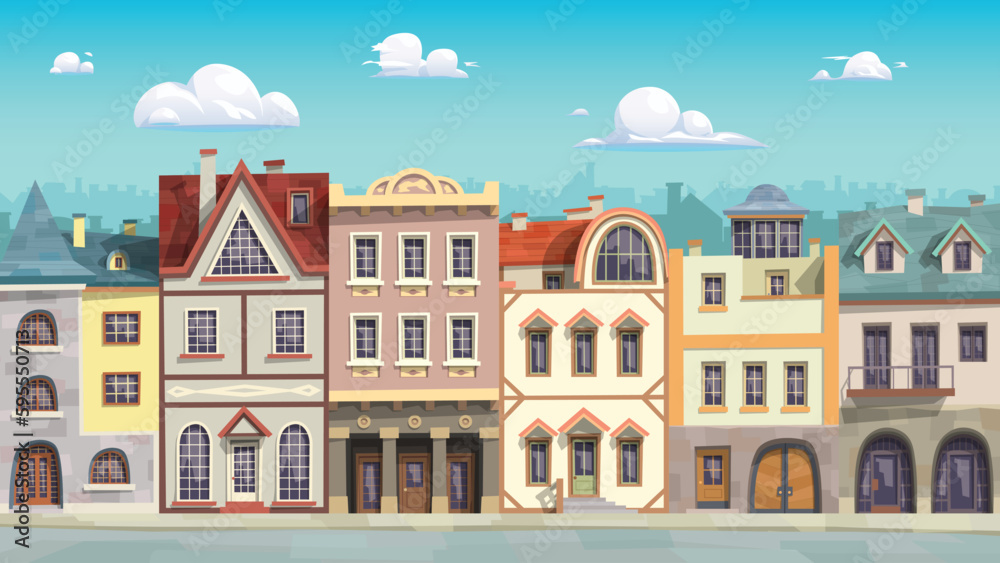 a cartoon style various houses facade street