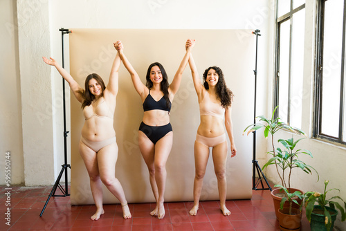 Fototapeta Happy women with slim and plus size bodies celebrating body acceptance
