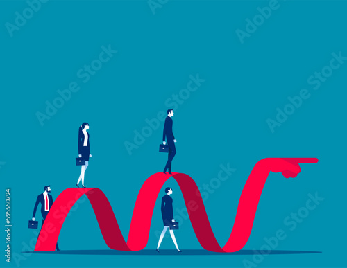 Business team walk on hand point and curved road. Business vector illustration concept