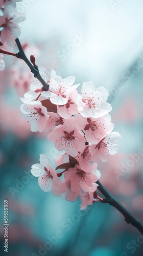 Pink cherry blossom print in the style of lensbaby. Generative AI