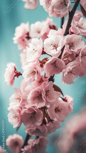 Pink cherry blossom print in the style of lensbaby. Generative AI photo