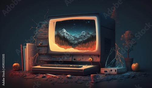 Digital harmony with nature: Computer in a picturesque landscape Illustration generated by AI technology. [Background Computer]