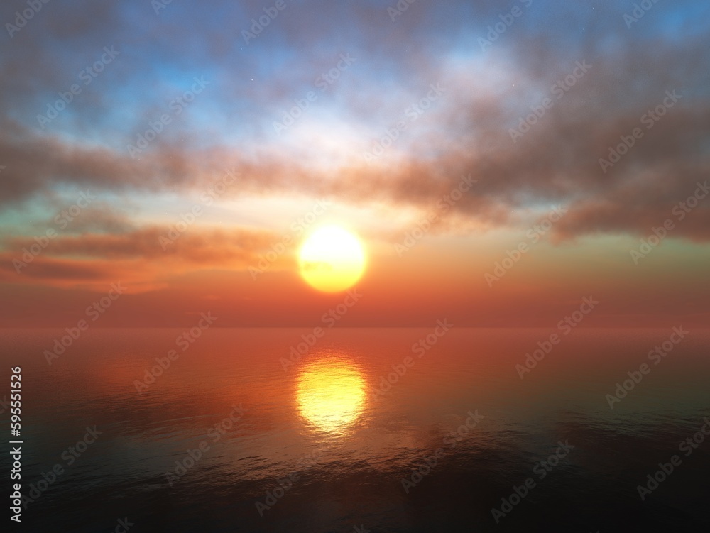 Beautiful sunset among the clouds over the water, sea sunset, 3d rendering
