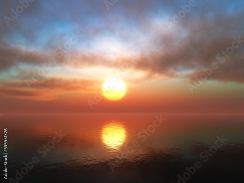 Fototapeta Naklejka Na Ścianę i Meble -  Beautiful sunset among the clouds over the water, sea sunset, 3d rendering