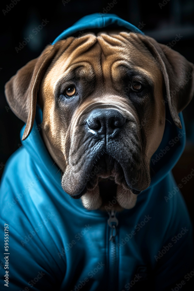 Dog wearing a hoodie.