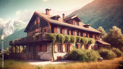 Wooden home in the Alps, cosy shalet high in the mountains, rustic style, AI generative illustraion photo