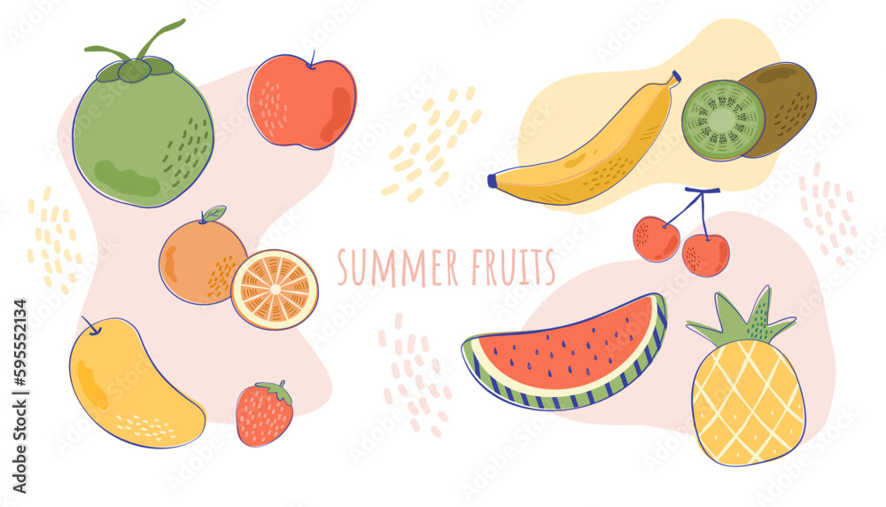 Hand drawn Summer fruits vector illustration. Minimal fruit vector in pastel color. Flat strawberry, watermelon, coconut, cherry, banana. pineapple, orange, apple and kiwi. Hand drawn Summer fruits vector illustration. Minimal fruit vector in pastel color. Flat strawberry, watermelon, coconut, cherry, banana. pineapple, orange, apple and kiwi.