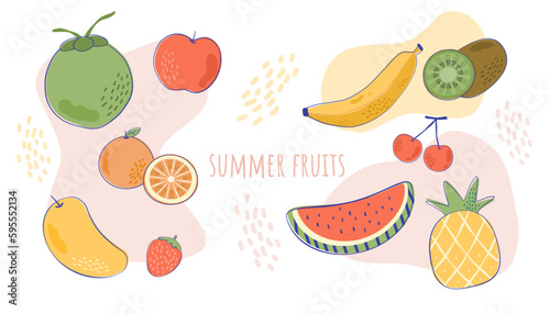 Hand drawn Summer fruits vector illustration. Minimal fruit vector in pastel color. Flat strawberry, watermelon, coconut, cherry, banana. pineapple, orange, apple and kiwi.