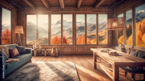 Wooden home interior in the Alps, cosy shalet high in the mountains, rustic style living room, AI generative realistic illustraion © tilialucida