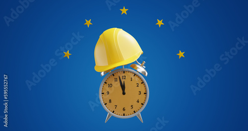 Happy Labor Day. Protective helmet for an alarm clock. 3d rendering