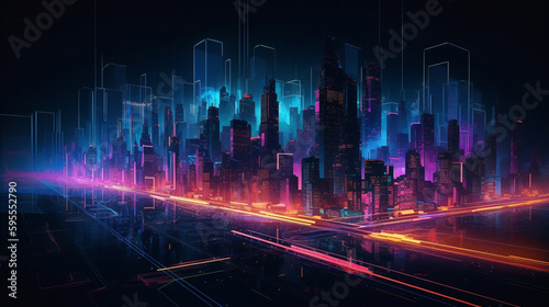 Neon lit city skyline  buildings shining in pink  blue and orange - Generative AI