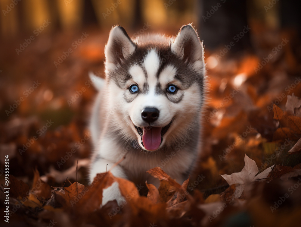 Cute husky dog puppy running through leafes at forest floor at fall, grey fur contrasting orange leafes - Generative AI