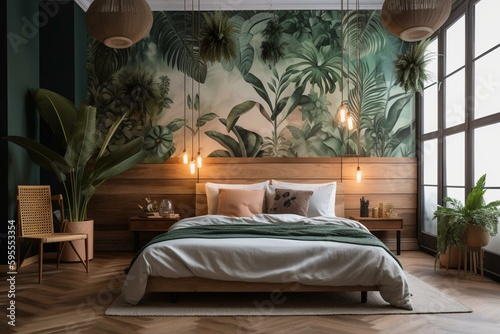 Midcentury modern bedroom with tropical vibes, featuring wood, plants, palm trees, and wallpaper. Generative AI