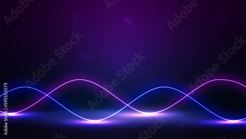 Purple empty scene with neon wave line lasers