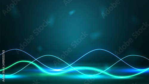 Green empty scene with neon wave lines