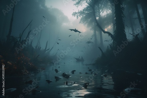 Surrealistic scene of sharks swimming in forest  group flying in foggy fantasy landscape. Generative AI