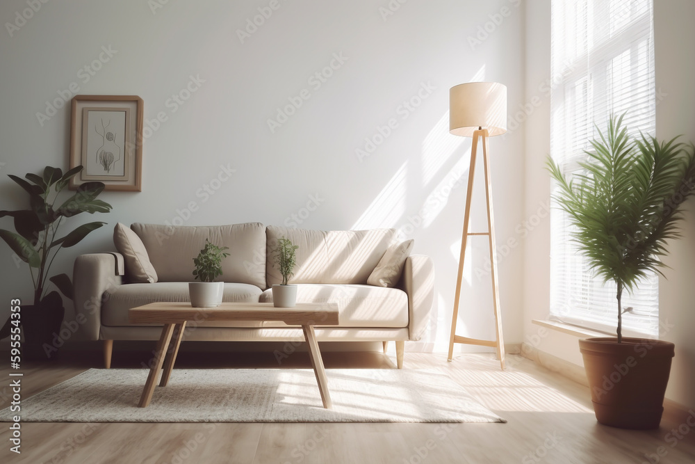 Bright and cozy modern minimal living room interior, front view, white