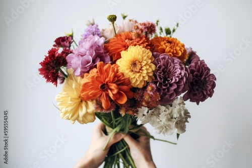 Woman hand hold bouquet of colorful flowers on white background. AI Generated. photo