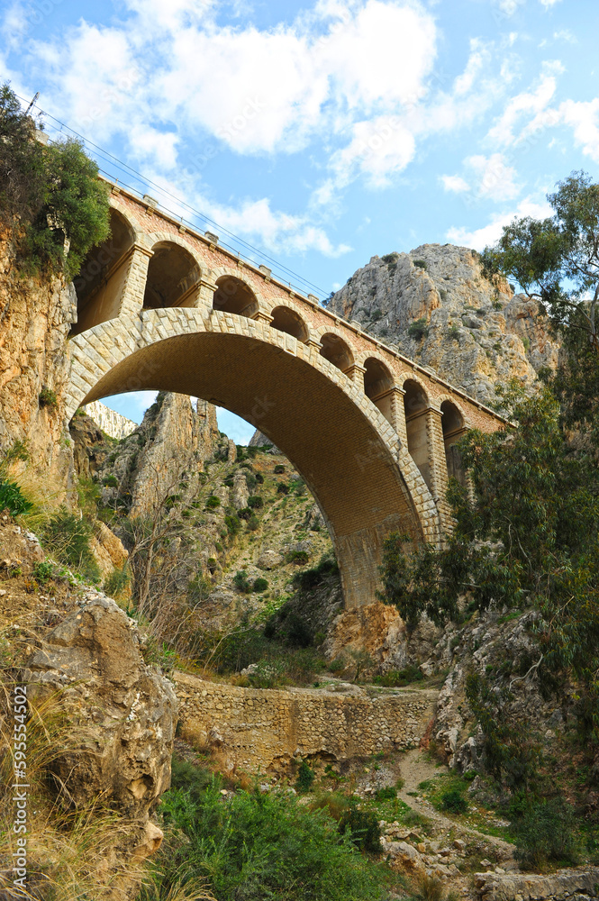 Viaduct of the El Chorro railway near the Caminito del Rey on the railway line that connects the city of Malaga with Bobadilla, Andalusia, Spain