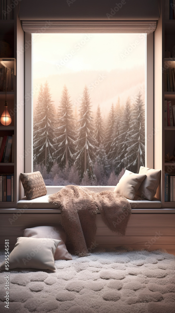 A window seat with pillows and a blanket in front of a window. AI generative.  Norway house Stock Illustration | Adobe Stock