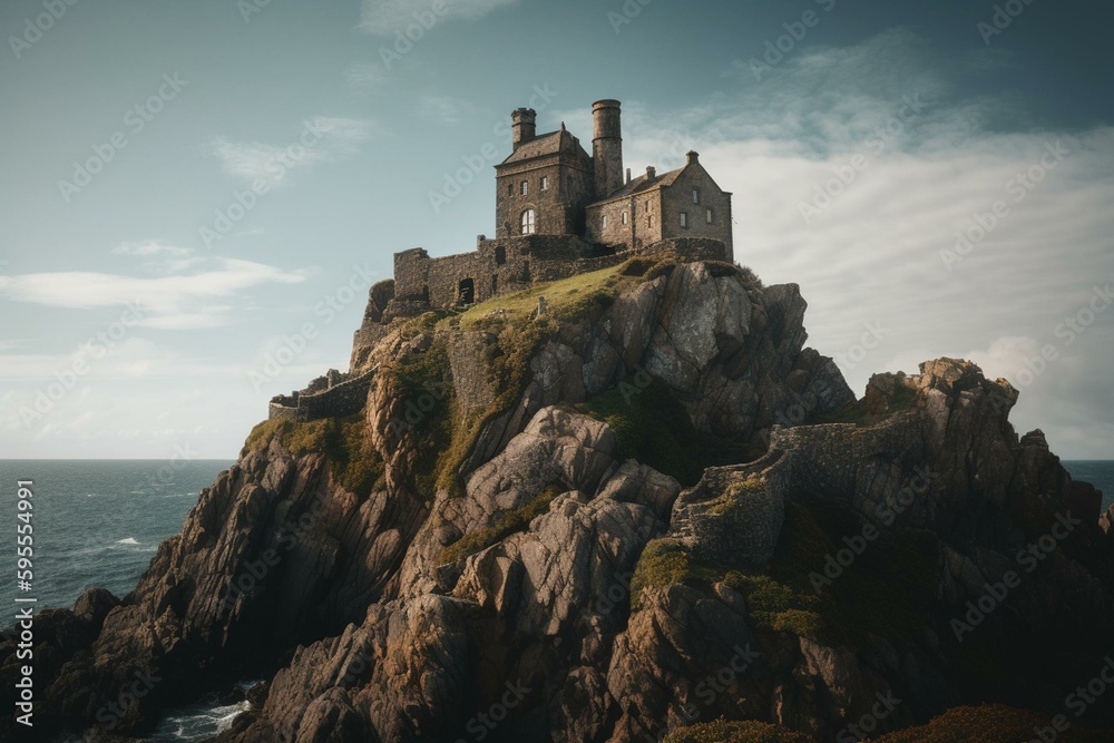 A fortress made of rocks on a hill overlooking the ocean. Generative AI