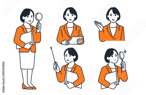 Simple facial expression illustration set material of a young business woman