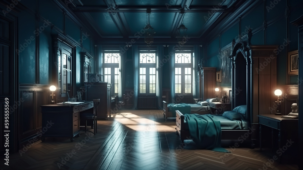 A dark room with a bed and a desk. AI generative. Dark academia style, victorian style mansion interior design with wooden stairs.