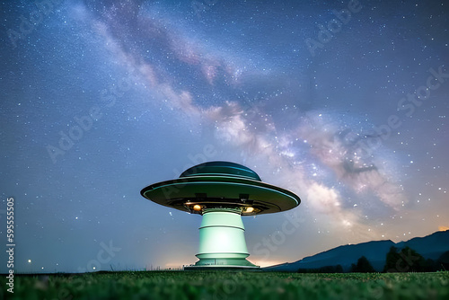 An image of a starry night sky with a UFO or extraterrestrial theme