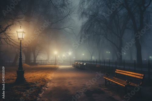 A misty evening in winter Mariinsky Park. Pathway, benches, and rest areas in beautiful city park. Kyiv, Ukraine. Generative AI photo