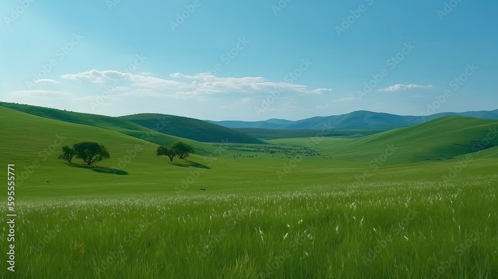 Beautiful Scene with green field and bush. Generative AI
