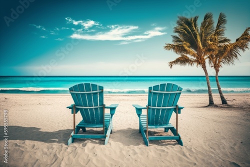 Two blue chairs sitting on top of a sandy beach  created with Generative Ai Technology