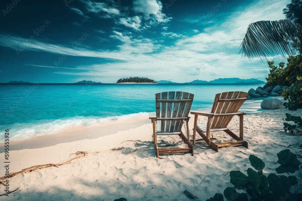 Two wooden chairs sitting on top of a sandy beach, created with Generative Ai Technology