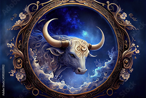 Contemporary abstract zodiac sign of taurus dark blue horoscope symbol with astrology icon. Realistic magical bull head round decorative ornament design. Superb Generative AI photo