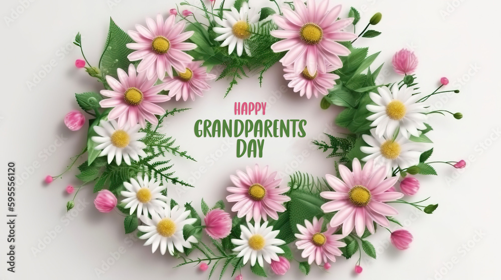 Happy Grandparents Day easter composition. easter eggs, flowers, paper blank. Generative Ai