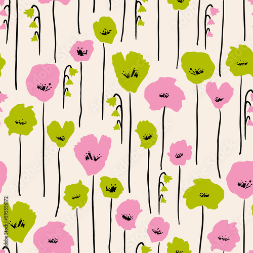 Isolated blooms seamless repeat pattern.  Hand drawn, vector flowers all over surface print.