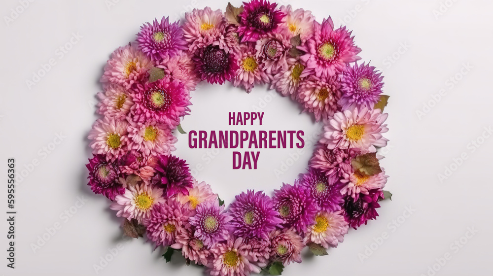 Happy Grandparents Day round frame shape composition of aster flowers of autumn summer. Generative Ai