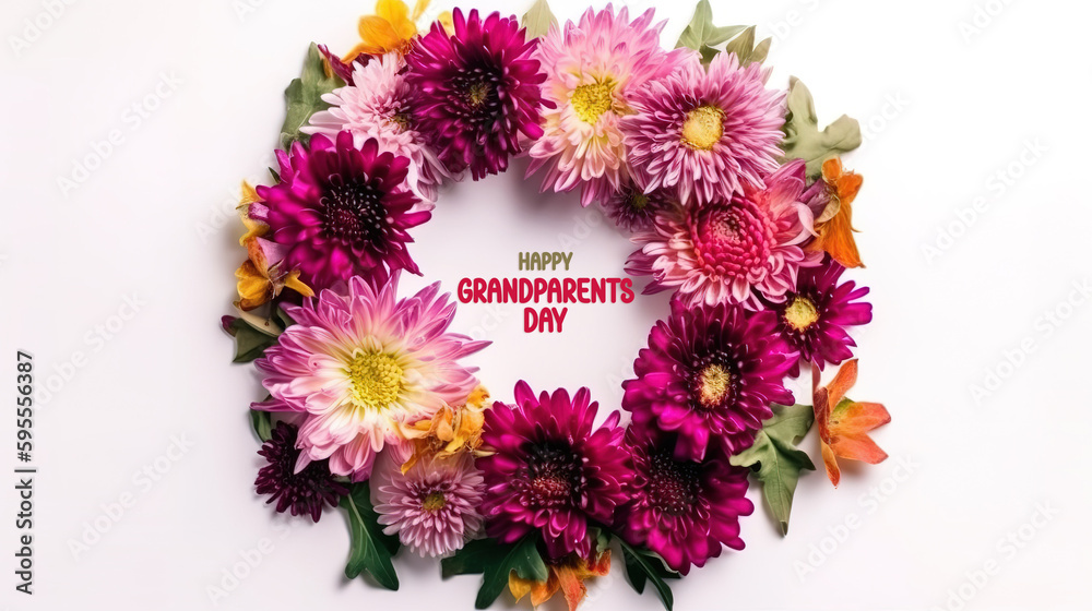 Happy Grandparents Day round frame shape composition of aster flowers of autumn summer. Generative Ai