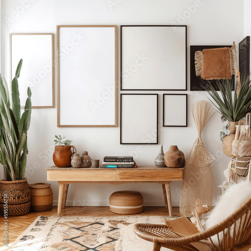 Mock up blank frame on white wall. Boho interior design of modern living room. Created with generative AI © Vadim Andrushchenko